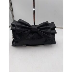Big Buddha Black Faux Leather Oversized Bow Clutch Evening Bag Logo Charm